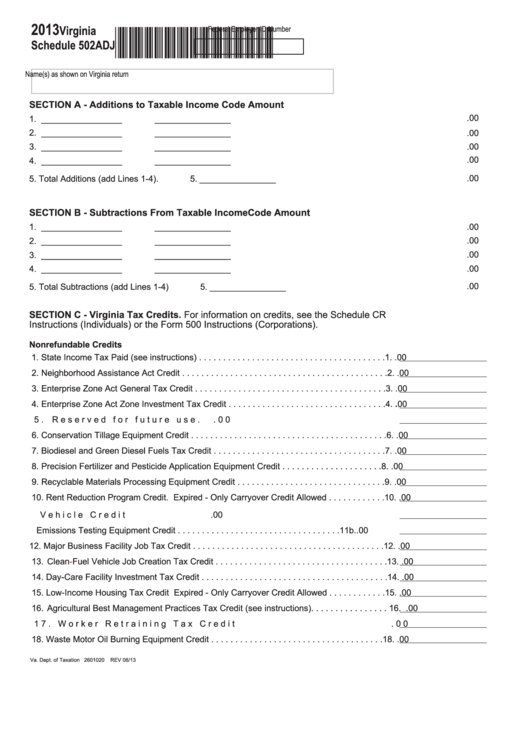 Fillable Schedule 502adj - 2013 Printable pdf