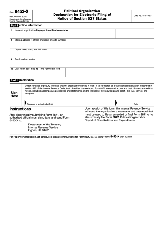 Fillable Form 8453-X - Political Organization Declaration For Electronic Filing Of Notice Of Section 527 Status Printable pdf
