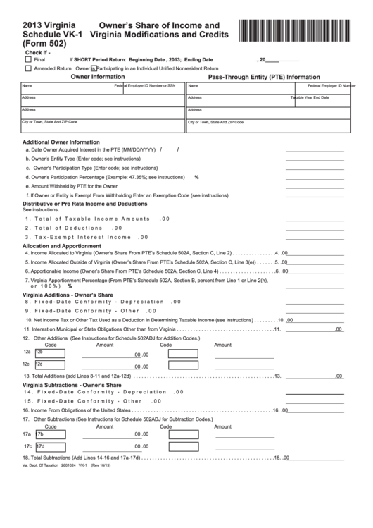 Schedule Vk-1 (form 502) - Owner's Share Of Income And Virginia Modifications And Credits - 2013