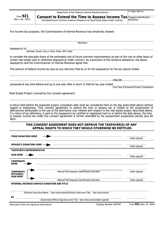 Fillable Form 921 - Consent To Extend The Time To Assess Income Tax Printable pdf