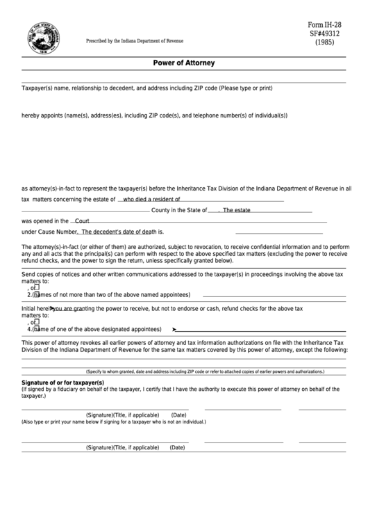 Fillable Form Ih-28 - Power Of Attorney Printable pdf