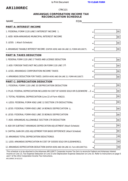 Fillable Form Ar1100rec Arkansas Corporation Tax
