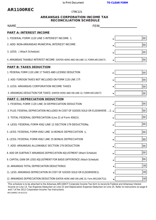 Fillable Form Ar1100rec - Arkansas Corporation Income Tax Reconciliation Schedule Printable pdf