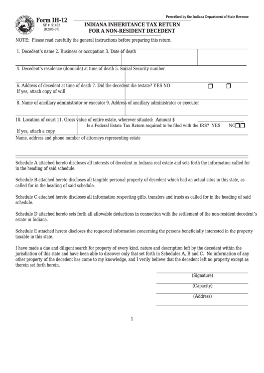 Fillable Form Ih-12 - Indiana Inheritance Tax Return For A Non-Resident Decedent Printable pdf