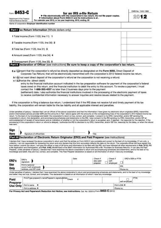 Fillable Form 8453-C - U.s. Corporation Income Tax Declaration For An Irs E-File Return - 2012 Printable pdf