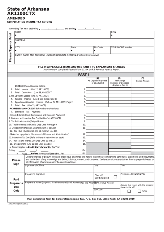 Fillable Form Ar1100ctx Amended Corporation Income Tax Return