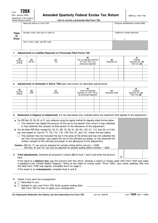 Fillable Form 720x - Amended Quarterly Federal Excise Tax Return Printable pdf