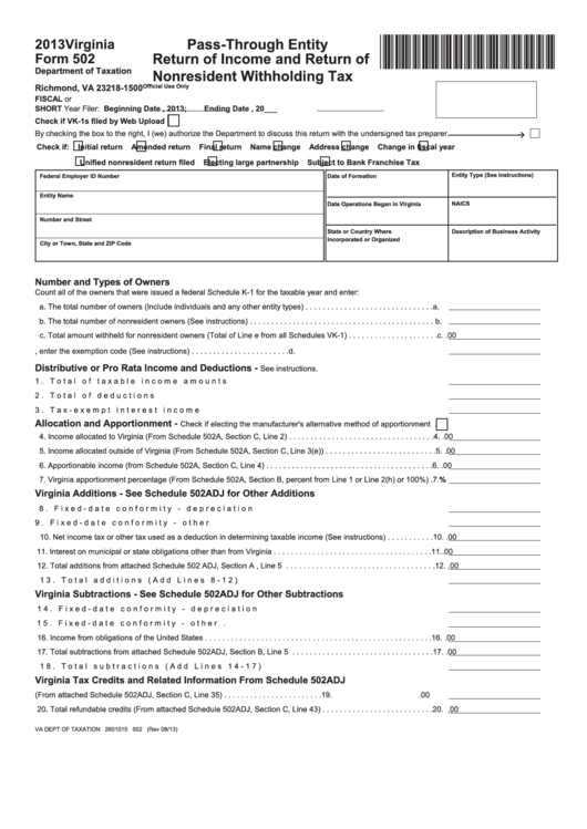 Fillable Form 502 - Pass-Through Entity Return Of Income And Return Of Nonresident Withholding Tax Printable pdf