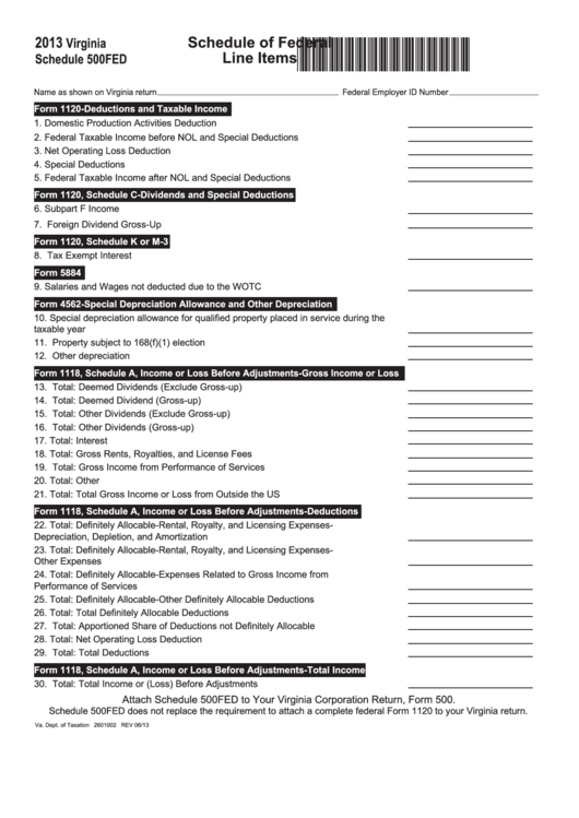 Fillable Schedule 500fed - Schedule Of Federal Line Items - 2013 Printable pdf