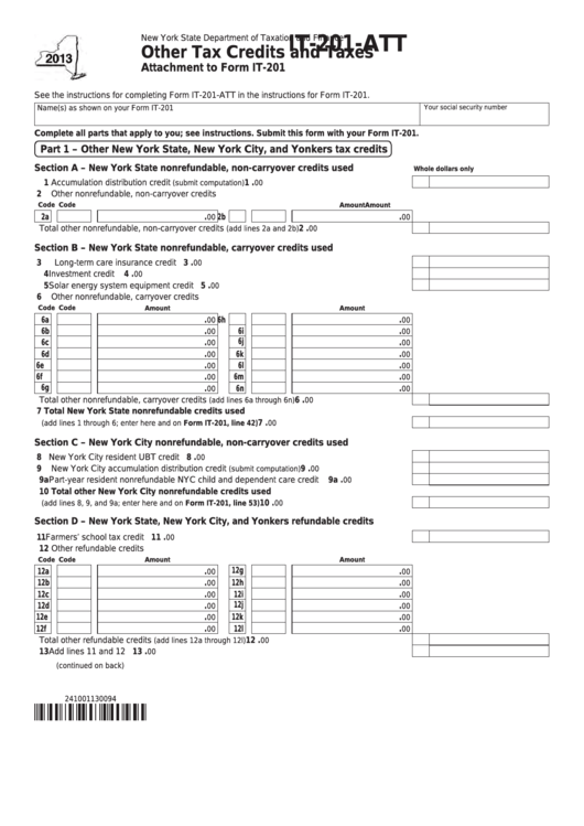 Fillable Form It-201-Att - Other Tax Credits And Taxes (Attachment To Form It-201) - 2013 Printable pdf