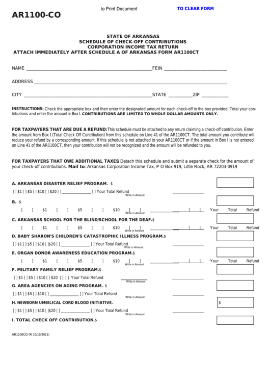 Fillable Form Ar1100-Co - Schedule Of Check-Off Contributions Corporation Income Tax Return Printable pdf