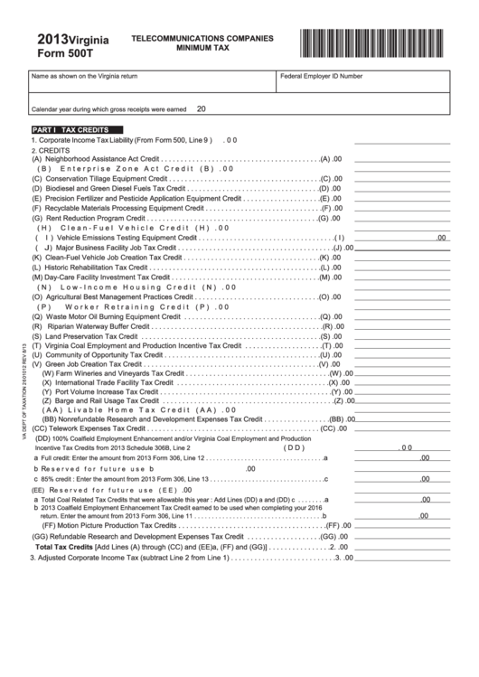 Fillable Form 500t - Telecommunications Companies Minimum Tax - 2013 Printable pdf