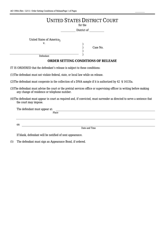 Fillable Form Ao 199a - Order Setting Conditions Of Release Printable pdf