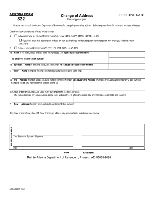 Fillable Arizona Form 822 - Change Of Address Printable pdf