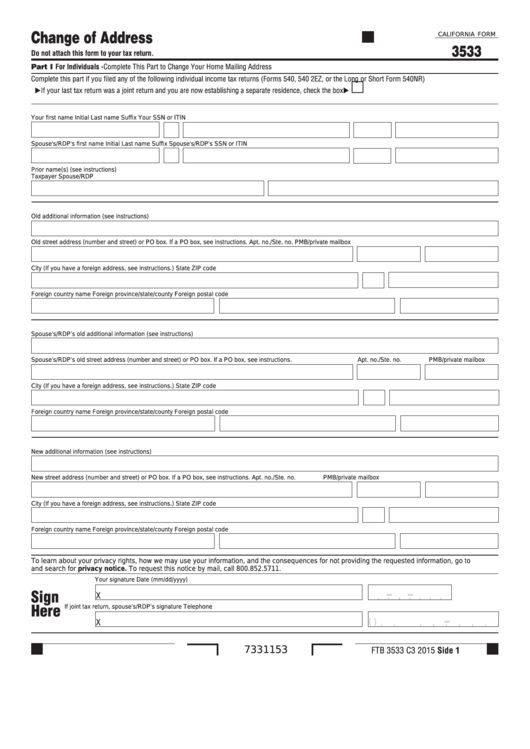 California Form 3533 - Change Of Address Printable pdf