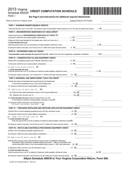 Fillable Schedule 500cr - Credit Computation Schedule - 2013 Printable pdf