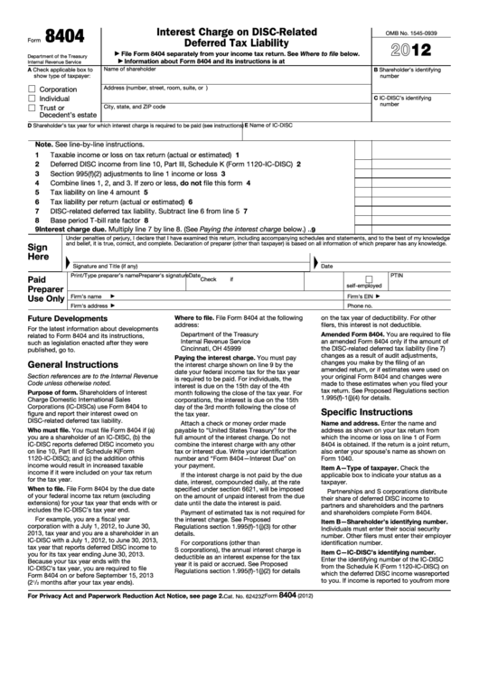 Fillable Form 8404 - Interest Charge On Disc-Related Deferred Tax Liability - 2012 Printable pdf