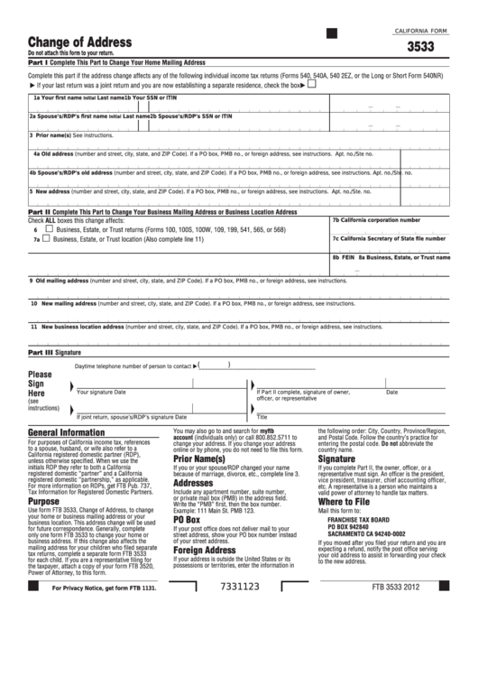 Fillable California Form 3533 - Change Of Address Printable pdf