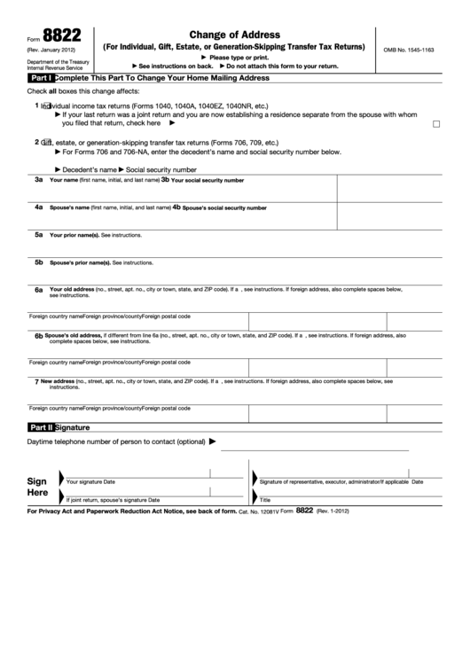 Fillable Form 8822 - Change Of Address (For Individual, Gift, Estate, Or Generation-Skipping Transfer Tax Returns) Printable pdf