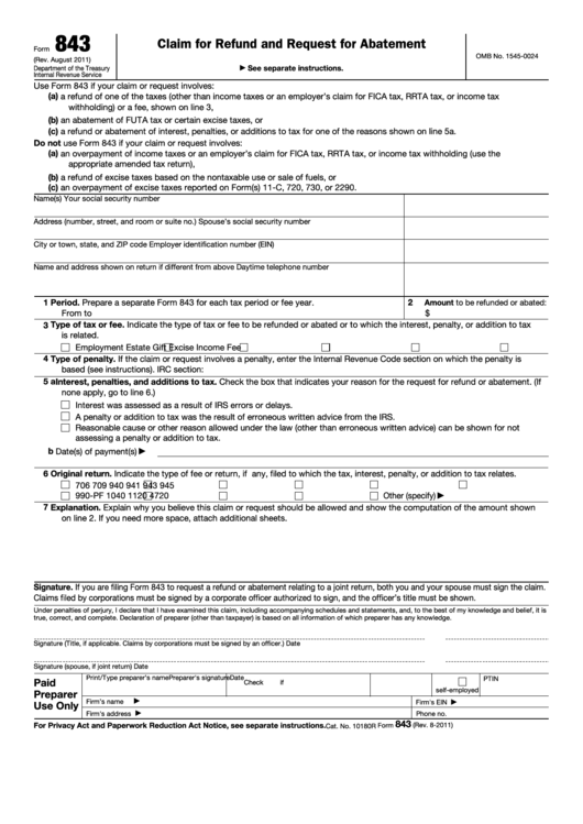 Fillable Form 843 - Claim For Refund And Request For Abatement Printable pdf