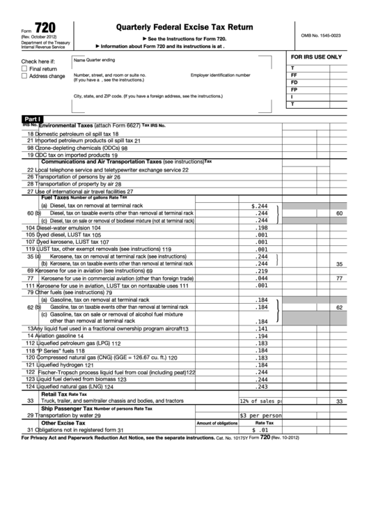 Fillable Form 720 - Quarterly Federal Excise Tax Return Printable pdf