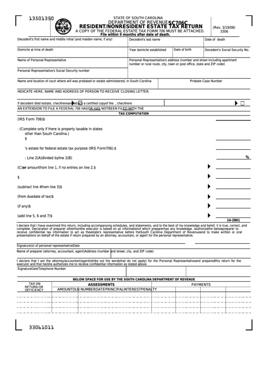 Form Sc706c - Resident/nonresident Estate Tax Return Printable pdf