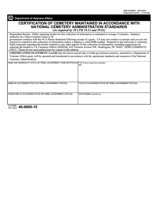 Fillable Va Form 40-0895-15 - Certification Of Cemetery Maintained In Accordance With National Cemetery Administration Standards Printable pdf