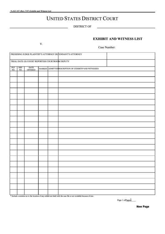 Fillable Form Ao 187 - Exhibit And Witness List Printable pdf