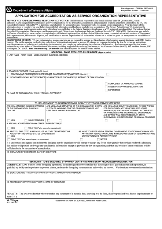 Fillable Va Form 21 - Application For Accreditation As Service Organization Representative Printable pdf