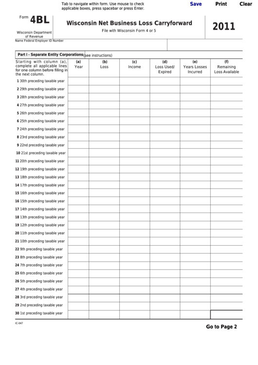 Fillable Form 4bl - Wisconsin Net Business Loss Carryforward - 2011 Printable pdf