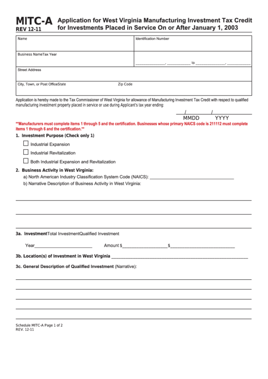 Form Mitc-A - Application For West Virginia Manufacturing Investment Tax Credit For Investments Placed In Service On Or After January 1, 2003 Printable pdf