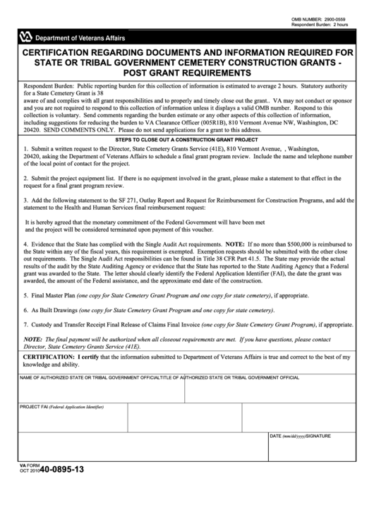 Fillable Va Form 40-0895-13 - Certification Regarding Documents And Information Required For State Or Tribal Government Cemetery Construction Grants - Post Grant Requirements Printable pdf
