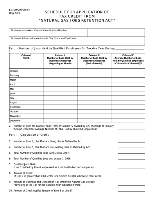 Form Wv/ngret-1 - Schedule For Application Of Tax Credit From "Natural Gas Jobs Retention Act" Printable pdf
