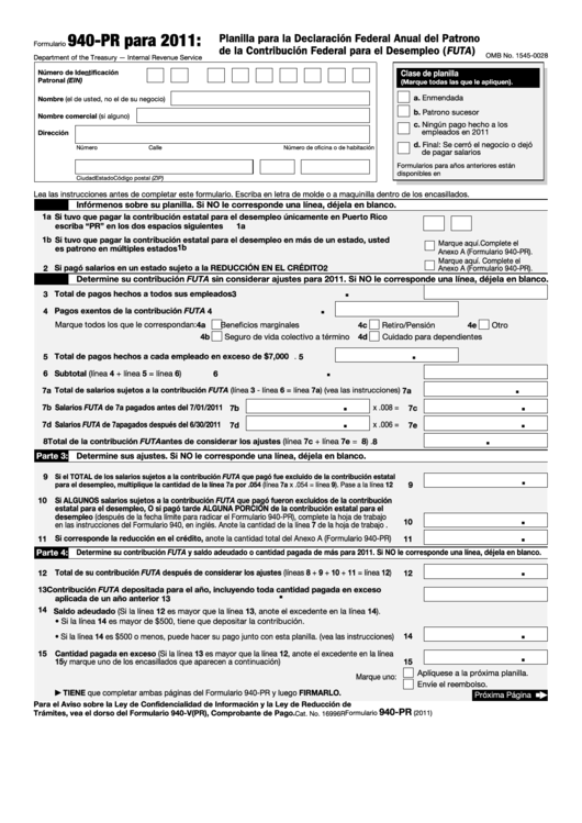 Fillable Formulario 940-Pr - Planilla Para La Declaracion Federal Anual Del Patrono De La Contribucion Federal Para El Desempleo (Futa) - 2011 Printable pdf
