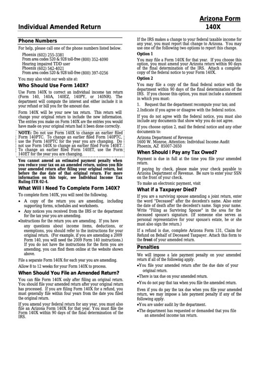 Instructions For Arizona Form 140x - Individual Amended Return Printable pdf