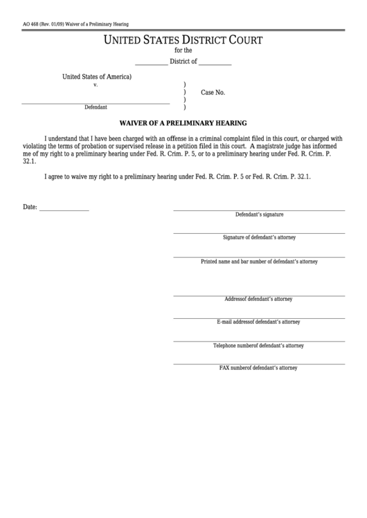 Fillable Form Ao 468 - Waiver Of A Preliminary Hearing Printable pdf