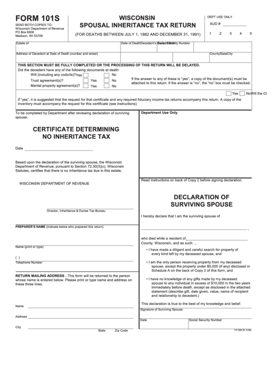 Form 101s - Wisconsin Spousal Inheritance Tax Return Printable pdf