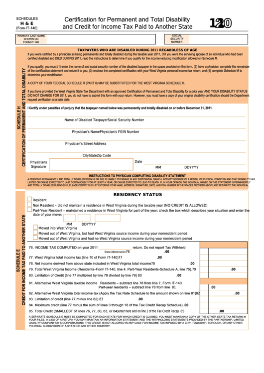Schedules H & E (Form It-140) - Certification For Permanent And Total Disability And Credit For Income Tax Paid To Another State - 2011 Printable pdf