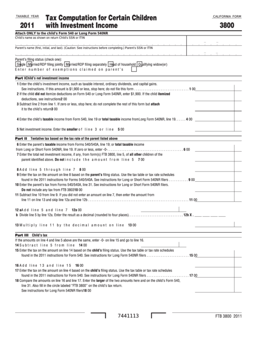 Fillable California Form 3800 - Tax Computation For Certain Children With Investment Income - 2011 Printable pdf