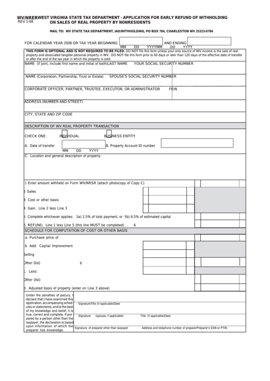 Form Wv/nrer - Application For Early Refund Of Withholding On Sales Of Real Property By Nonresidents Printable pdf