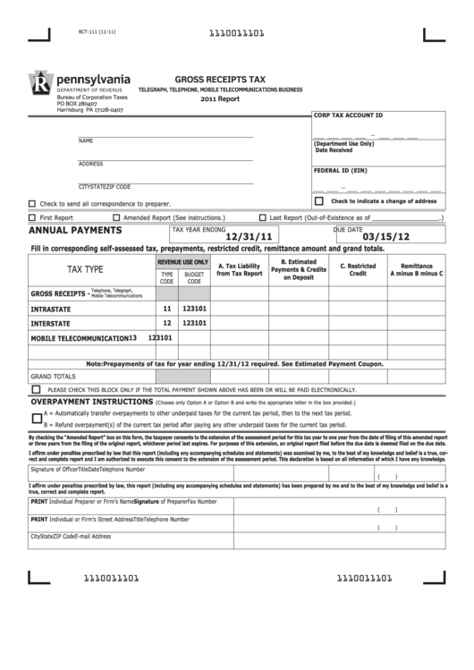 Form Rct111 Gross Receipts Tax Telegraph, Telephone, Mobile