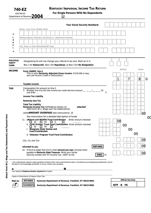 Form 740-Ez - Kentucky Individual Income Tax Return - For Single Persons With No Dependents - 2004 Printable pdf