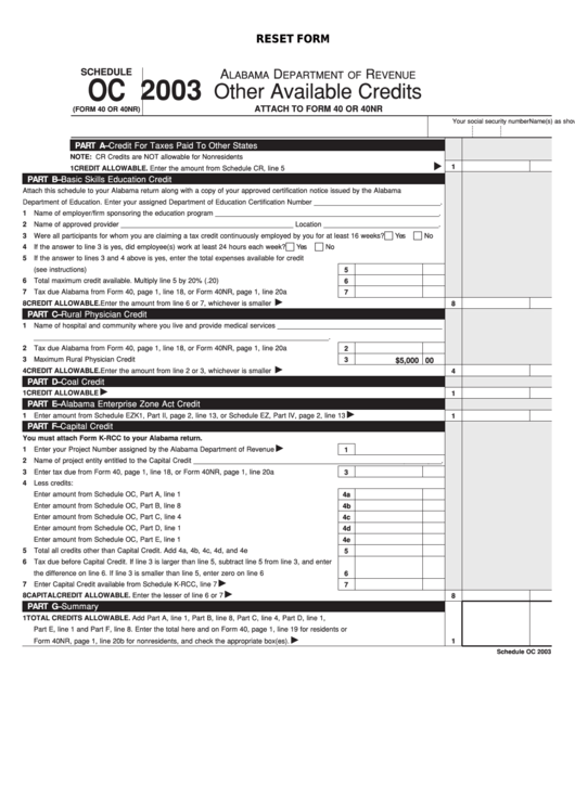 Fillable Schedule Oc (Form 40 Or 40nr) - Other Available Credits - Alabama Department Of Revenue - 2003 Printable pdf
