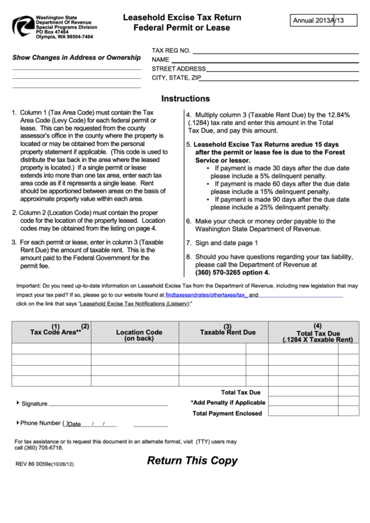 Form Rev 86 0059e - Leasehold Excise Tax Return Federal Permit Or Lease - Washington State Department Of Revenue - 2012 Printable pdf
