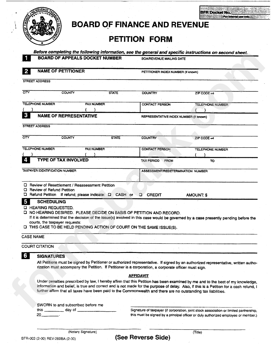 Pennsylvania Board Of Finance And Revenue Petition Form