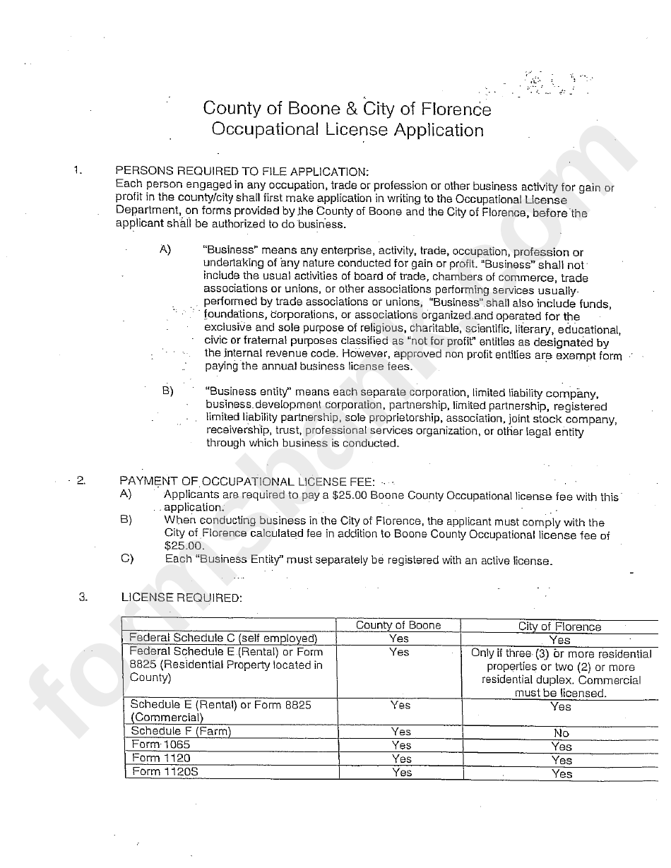 County Of Boone & City Of Florence Occupational License Application Instructions
