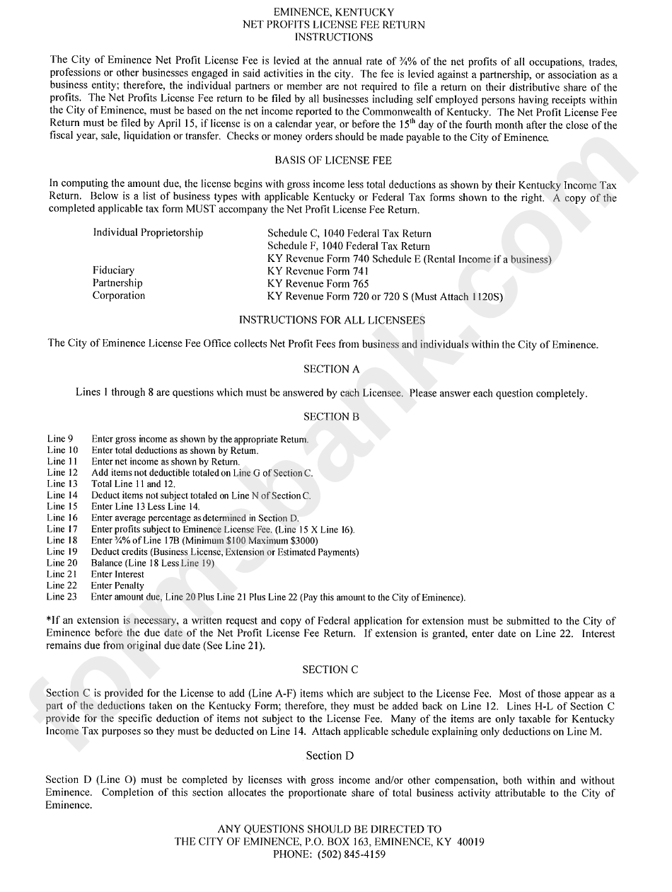 Eminence, Kentucky Net Profits License Fee Return Instructions