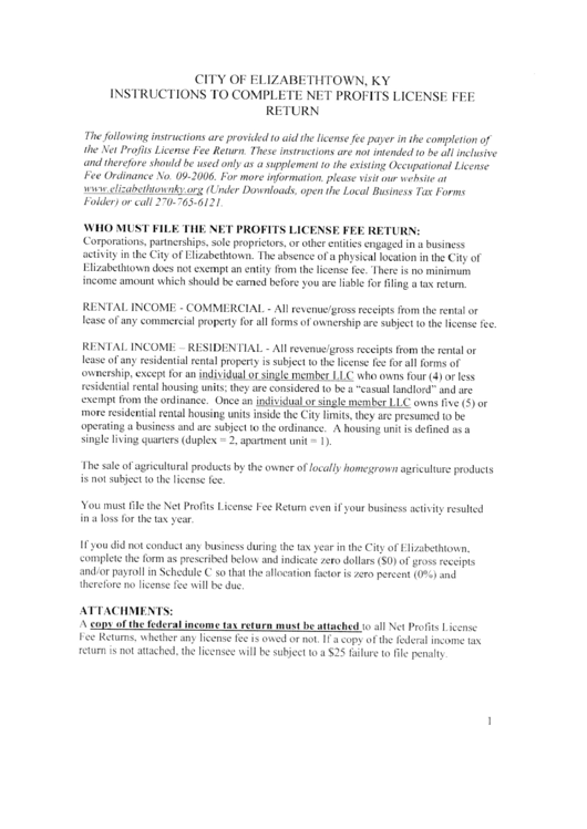 City Of Elizabethtown, Ky, Instructions To Complete Net Profits License Fee Return Printable pdf