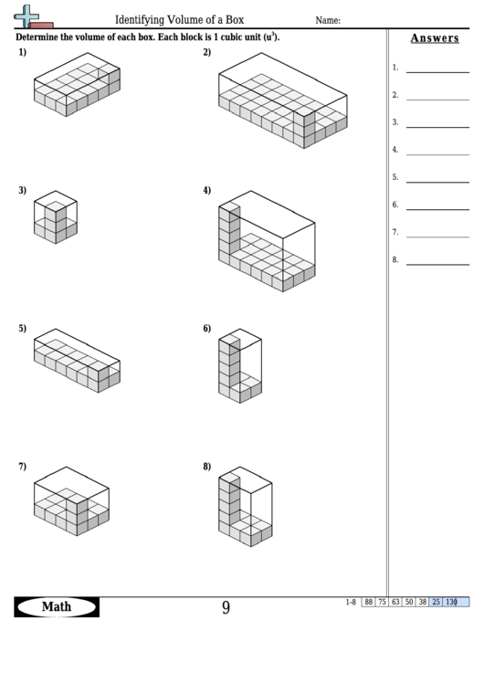 Identifying Volume Of A Box Math Worksheet With Answers Printable pdf