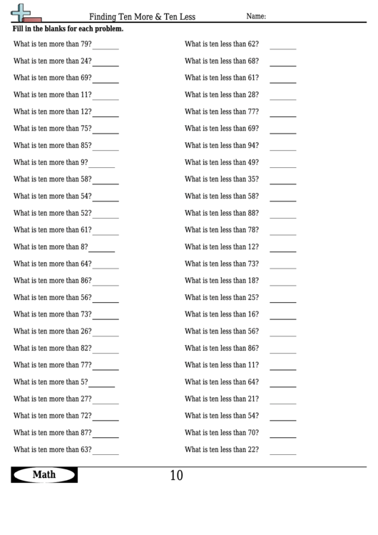 Finding Ten More And Ten Less Math Worksheet With Answers printable pdf download